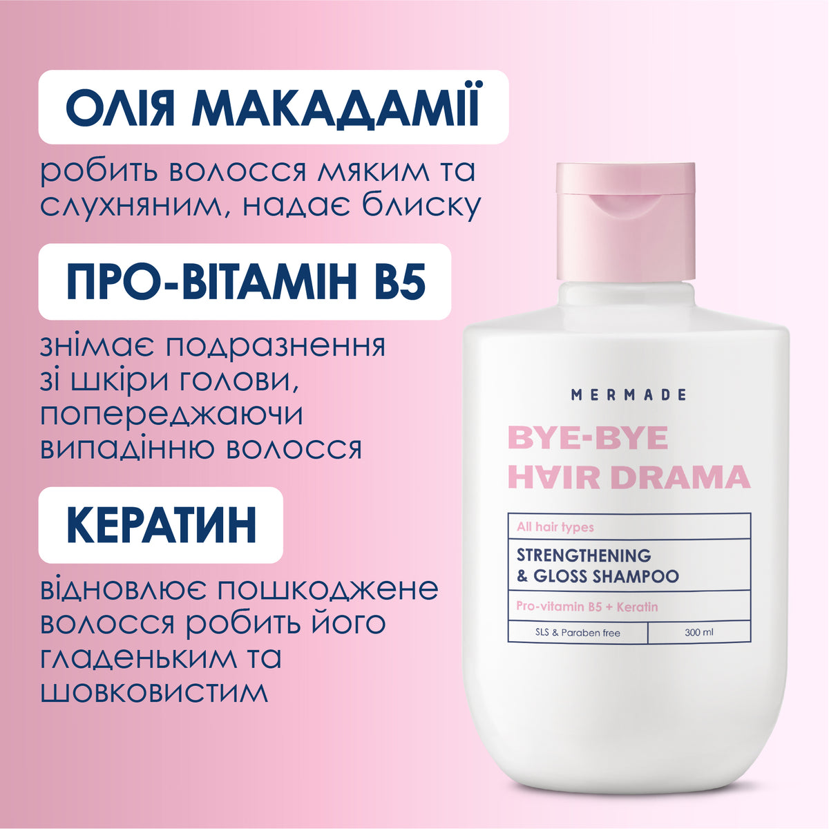 Шампунь для зміцнення та сяйва волосся MERMADE Keratin Pro-vitamin B5 300 мл